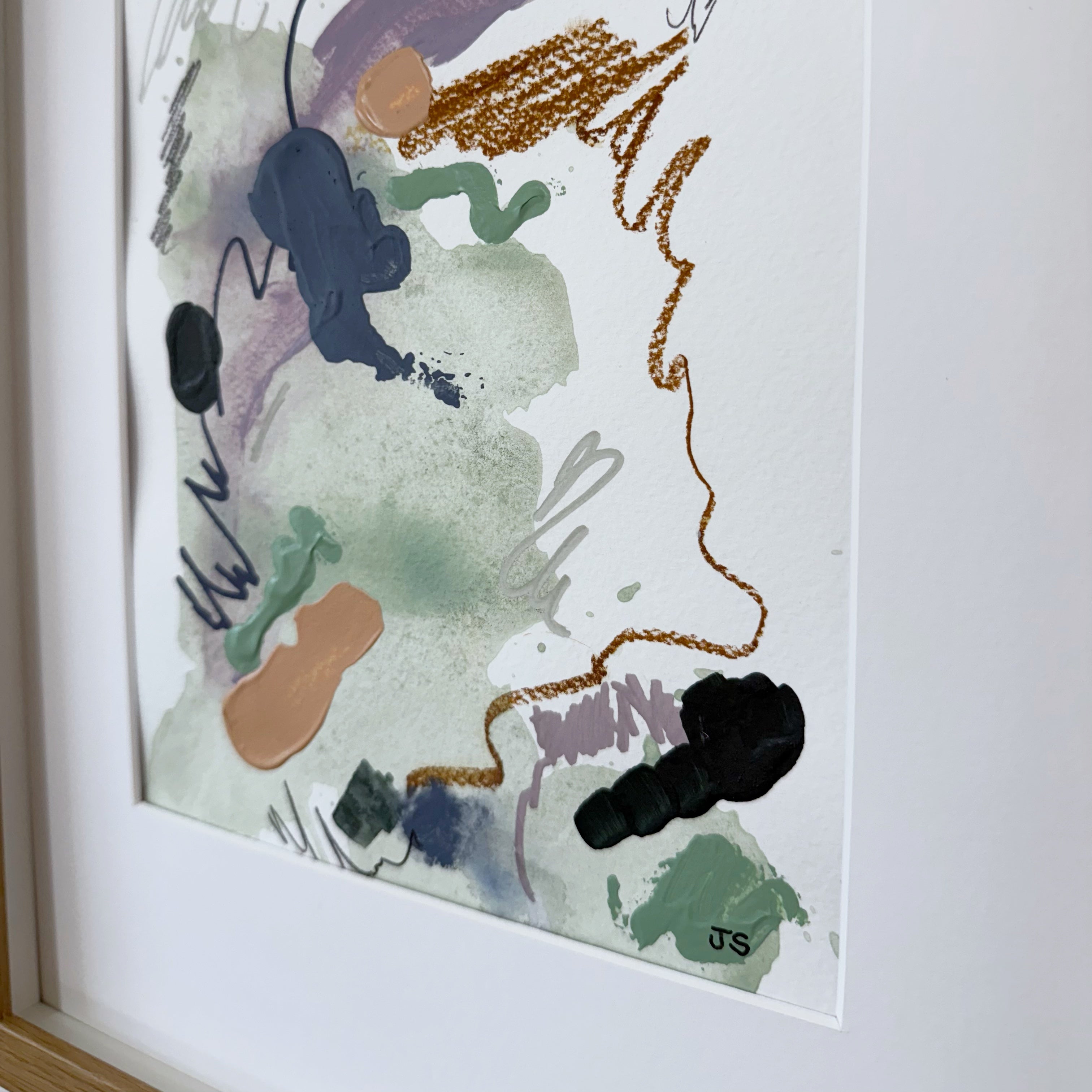 Undone #1 - 7.5" x 9.5" (artwork) – Mixed media on paper, matted and framed (size: 12.75" x 16.75")