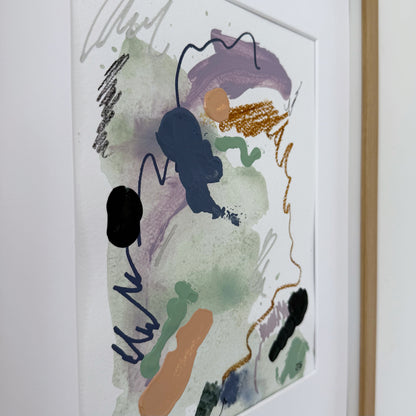 Undone #1 - 7.5" x 9.5" (artwork) – Mixed media on paper, matted and framed (size: 12.75" x 16.75")